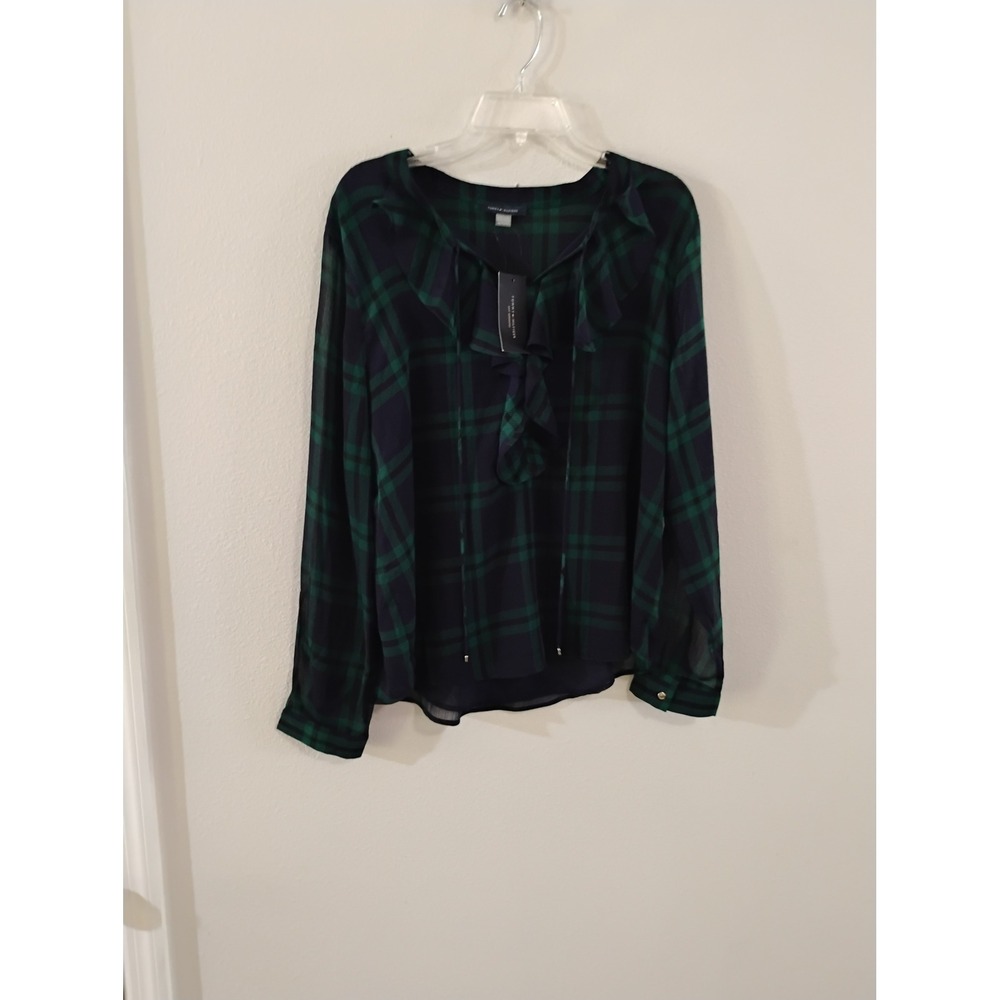 Tommy Hilfiger Womens XL Green Navy Plaid Ruffle Tie Neck Blouse Long Sleeve